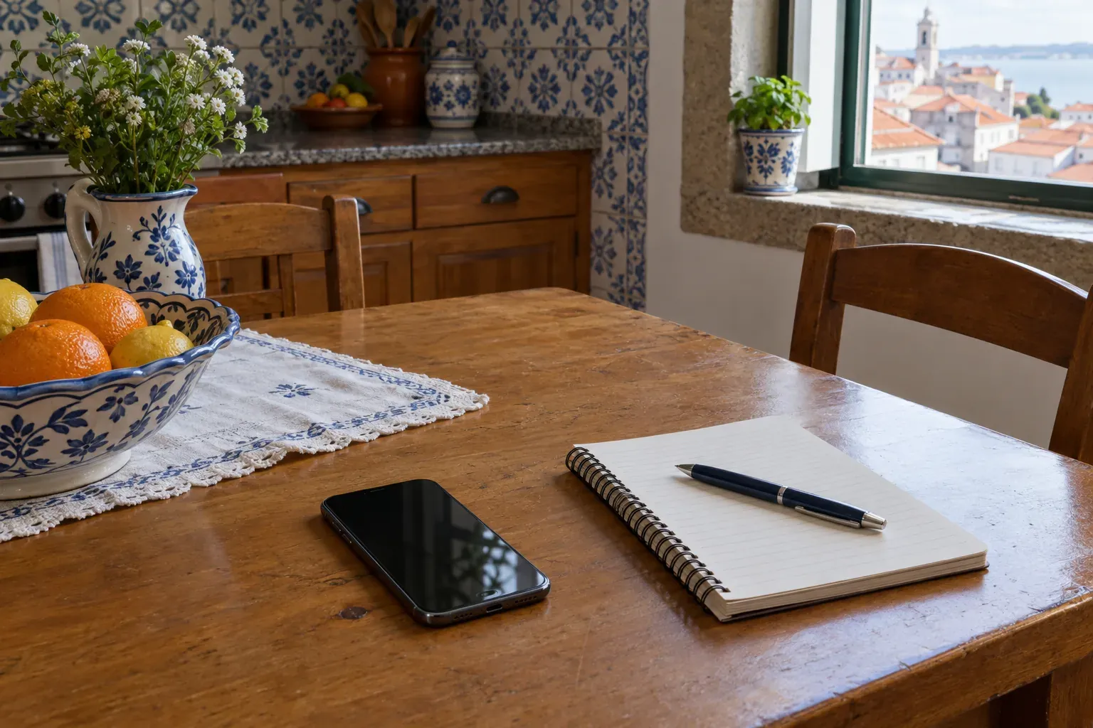 Mesa de madeira com um telemóvel e um caderno, junto a uma travessa de fruta e azulejos azuis.