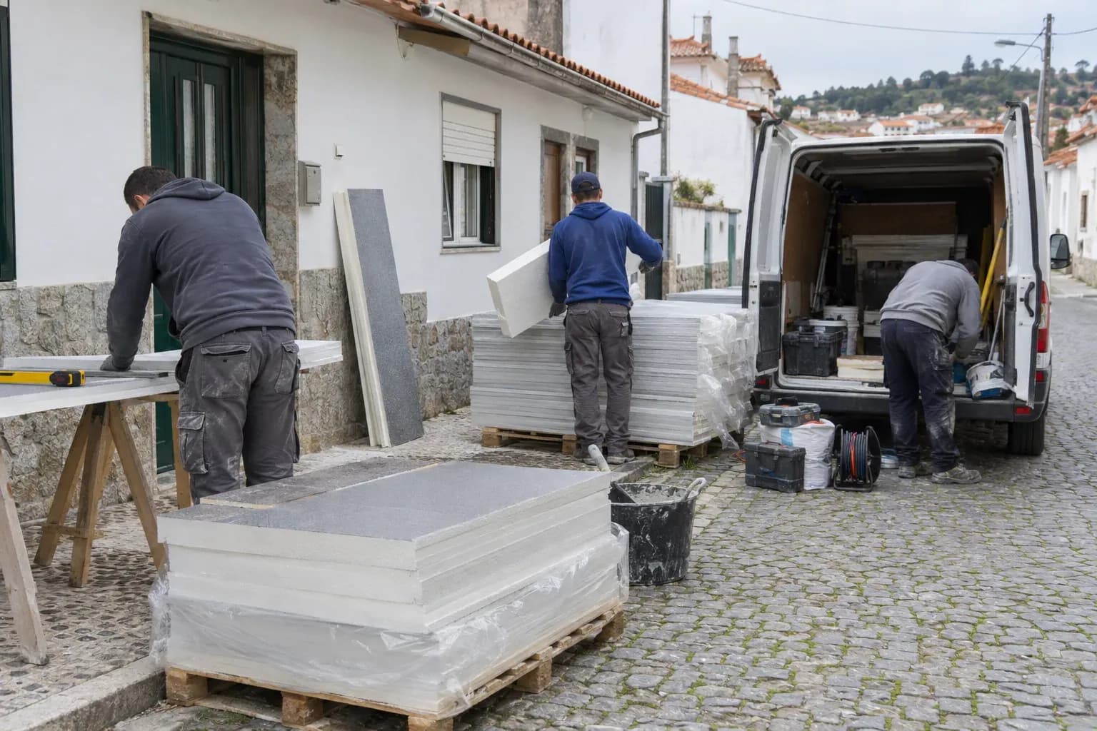 Equipa de obra a preparar placas de isolamento numa rua de calçada, junto a uma carrinha.