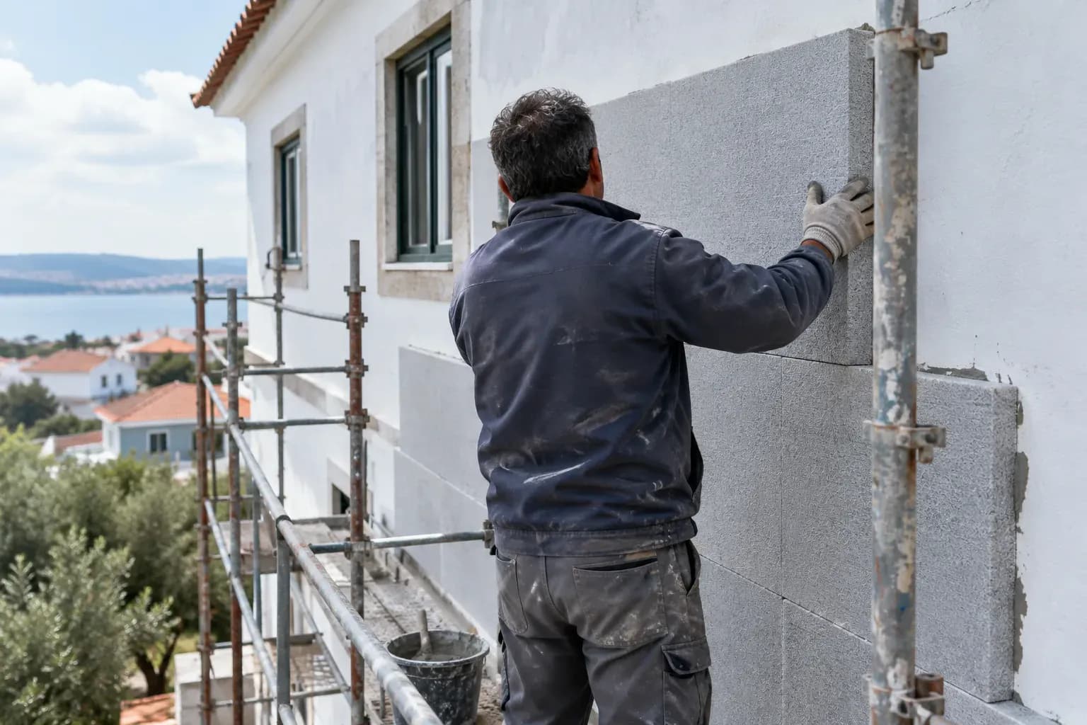 Profissional de costas a aplicar placas de isolamento numa fachada branca, com andaime.