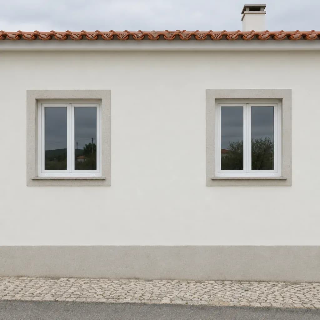 Fachada de casa com reboco claro acabado, molduras de pedra nas janelas e telhado de telha.