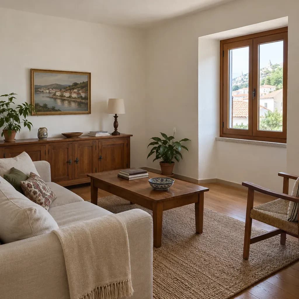 Sala de estar com parede interior de tom quente, mobiliário de madeira e janela de caixilho castanho.