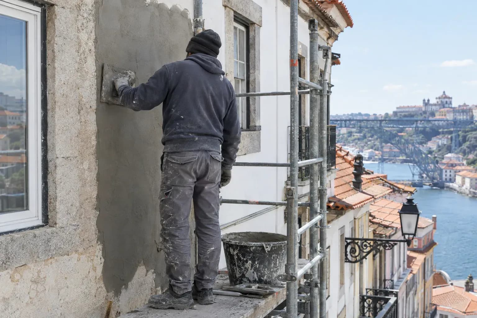 Profissional a aplicar reboco numa fachada antiga, em cima de um andaime, com vista para um rio e telhados de telha.